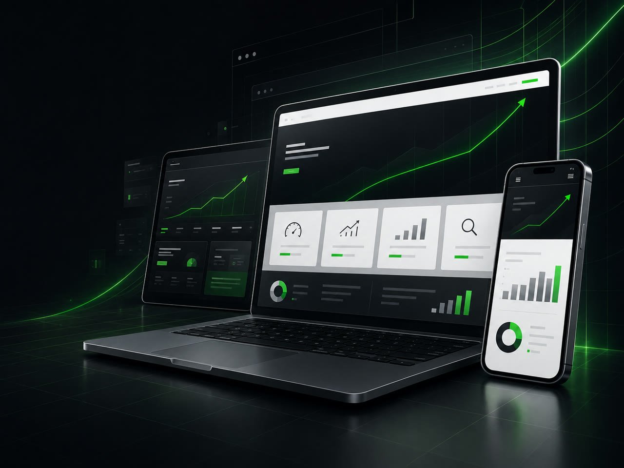 Site institucional desenvolvido pela WLK Lab exibido em notebook e celular, com uma seta verde ascendente ao fundo